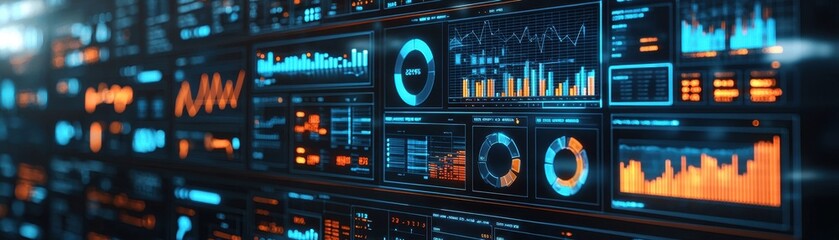 Fototapeta premium Futuristic Digital Dashboard with Colorful Charts and Graphs Displaying Data Insights and Analytics Overview