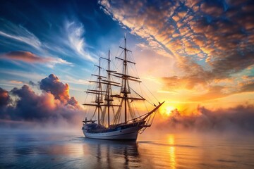 Obraz premium Majestic Sailing Ship at Sea, Misty Watercolor Long Exposure