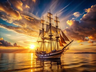 Obraz premium Majestic Sailing Ship at Sunrise: Golden Hour Documentary Photography