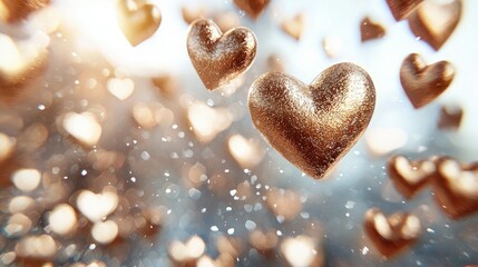 Fototapeta premium Golden hearts floating in a dreamy background with sparkling bokeh effects, representing love and affection in a visually stunning composition