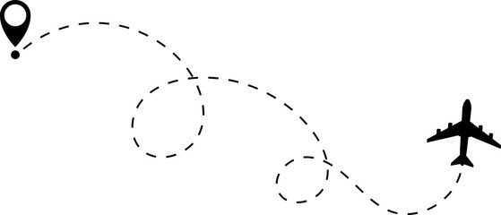 Airplane line path vector icon of air plane flight route with start point and dash dotted line trace. Love travel route. Airplane routes. Travel vector icon.