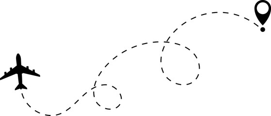 Airplane line path vector icon of air plane flight route with start point and dash dotted line trace. Love travel route. Airplane routes. Travel vector icon.