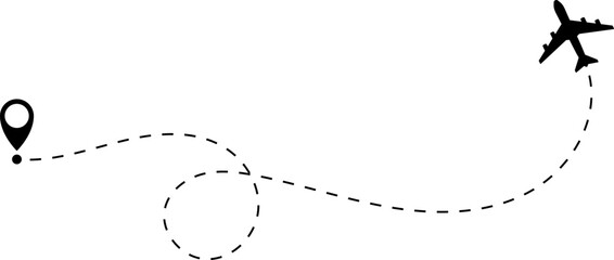 Airplane line path vector icon of air plane flight route with start point and dash dotted line trace. Love travel route. Airplane routes. Travel vector icon.