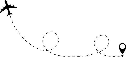 Airplane line path vector icon of air plane flight route with start point and dash dotted line trace. Love travel route. Airplane routes. Travel vector icon.