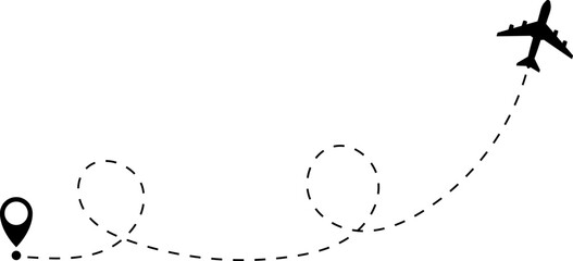 Airplane line path vector icon of air plane flight route with start point and dash dotted line trace. Love travel route. Airplane routes. Travel vector icon.