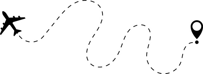 Airplane line path vector icon of air plane flight route with start point and dash dotted line trace. Love travel route. Airplane routes. Travel vector icon.