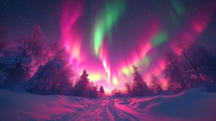 Obraz premium Vivid aurora borealis over snowy forest.
