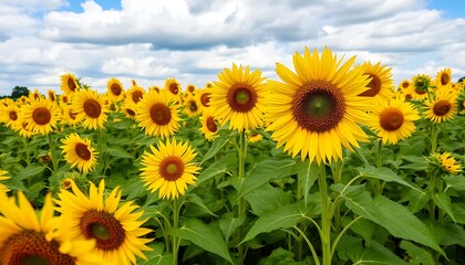 Fototapeta premium Vibrant Sunflower Field Sunny Sky Bright Yellow Blooms