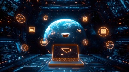 Glowing Education Icons Hover Around a Futuristic Laptop Overlooking the Earth in a Space Station Interior