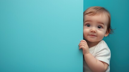 Cute Baby Peeking Behind Blue Wall