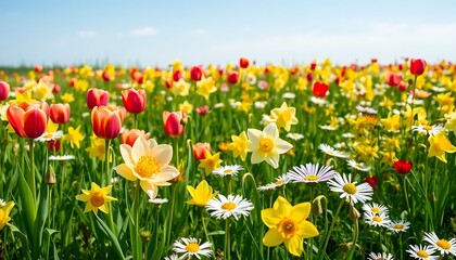 Obraz premium Vibrant Spring Meadow Colorful Tulips Daffodils Daisies Sunny Day
