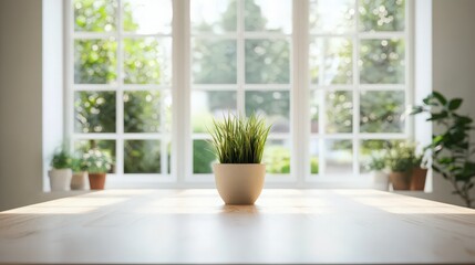 Sunlit Interior with Potted Plants and a Serene Window View of Lush Greenery