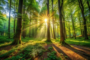 Majestic Sunlight Filtering Through Ancient Forest Canopy - Serene Nature Stock Photo