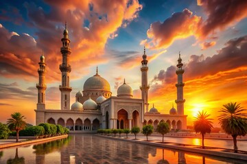 Majestic Sunset Mosque: Golden Hour Islamic Architecture Stock Photo
