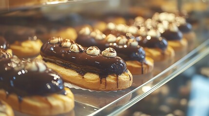 Eclairs filled with chocolate cream and topped with a glossy chocolate glaze