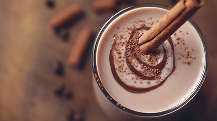 Chocolate swirl in a glass of hot milk being stirred with a cinnamon stick