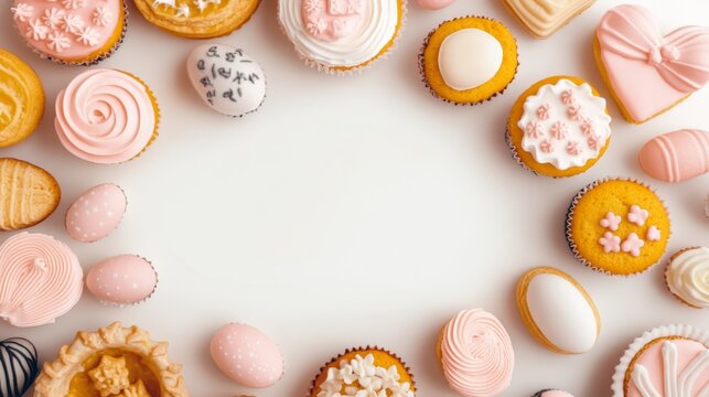 Easter dessert table filled with colorful cupcakes, pies, and cookies showcasing a blank center for festive gatherings