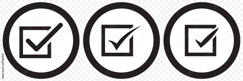 Poster check box icon with correct with different line width. approved symbol. accept checkmark icons green