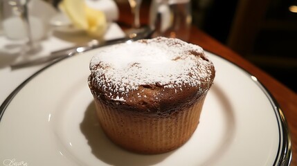 Chocolate souffle in a ramekin dusted with powdered sugar on a serving plate