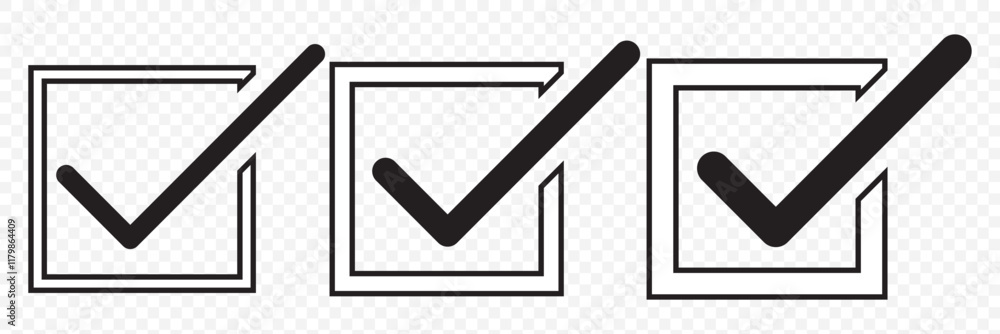 Poster check box icon with correct with different line width. approved symbol. accept checkmark icons green