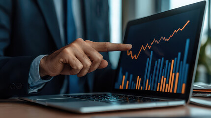Close up of advisor pointing to growth chart on laptop screen