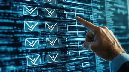 Closeup of hand pointing at digital checklists on screen