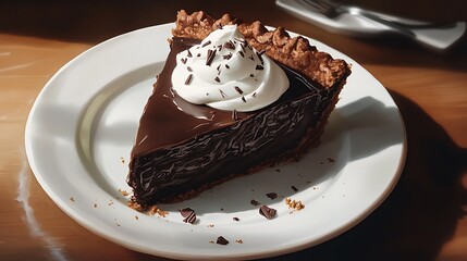 Chocolate pie slice with a dollop of cream and chocolate shavings on a plate