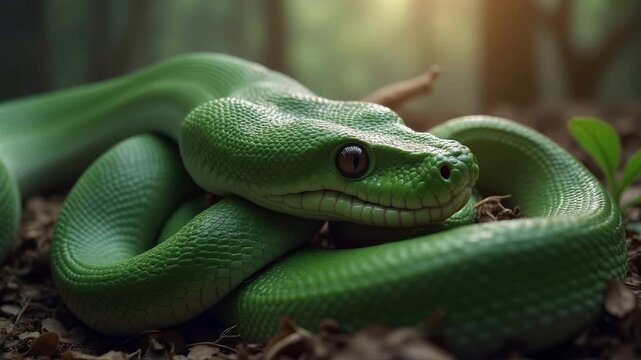 close up of a green python