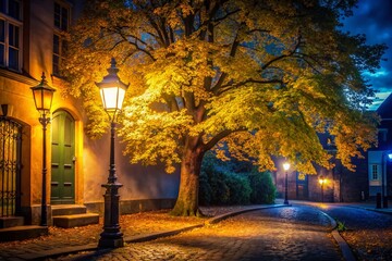 Fototapeta premium Majestic Tree and Streetlight: Nighttime Urban Landscape Photography