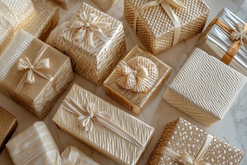 Elegantly wrapped gold and beige Christmas presents with satin ribbons.