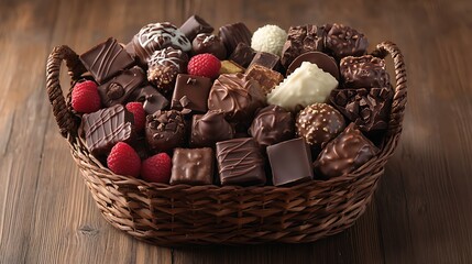 A chocolate-themed gift basket filled with various chocolate treats