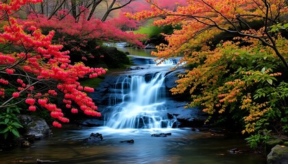 Naklejka premium Serene Waterfall Autumn Landscape Red Orange Trees Calm Water
