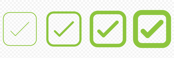 Vector check mark icons. A check mark icon indicates that the task has been completed or that the task has been approved for completion. Green checkbox 