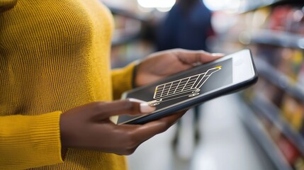 Close-up of hands holding tablet with digital shopping cart in grocery store