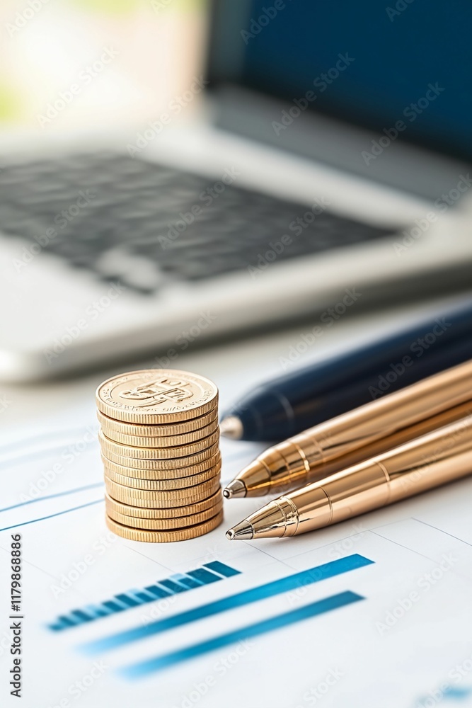 Poster stack of coins and a pen are on a table
