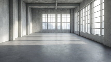 Fototapeta premium Sunlight illuminates a spacious raw concrete industrial loft with large grid windows