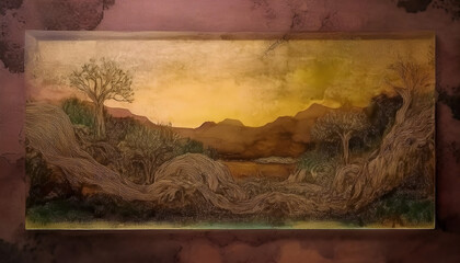 Vintage-style landscape artwork with a golden, sunset-lit scene of barren trees and rocky terrain, framed by ornate, scalloped edges on a textured background