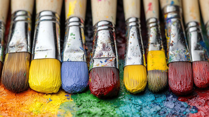 Fototapeta premium Vibrant Paintbrush Collection Displaying an Array of Colors Including Yellow Blue Red and Green Shades Capturing the Essence of Artistic Creativity in a Perfectly Aligned Pattern