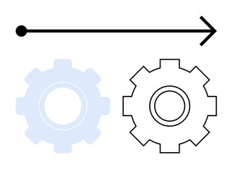 Black rightward arrow above two gears representing workflow, optimization, and progress. Ideal for business, planning, teamwork, strategy, growth technology efficiency concepts. Abstract line flat