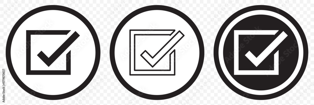 Poster check box icon with correct, accept checkmark icons green tick box, check list circle frame - checkb