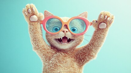 Fototapeta premium Happy ginger kitten wearing oversized sunglasses, paws raised.