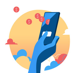 hand holding mobile phone with coins floating in the space
