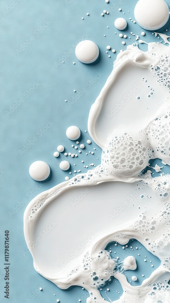 Poster texture of spilled milk on a blue surface with bubbles creating a visually appealing abstract design