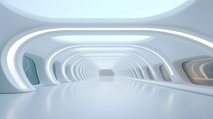 Fototapeta premium A sleek, modern hallway with smooth, white surfaces and soft, glowing lights, creating a futuristic ambiance.