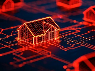 A vibrant digital representation of a house, illuminated in red, set against a circuit-like background, symbolizing technology and smart home concepts.
