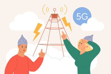 Conspiracy theory, electromagnetic shield, fake news and mind control problem. Tiny people wearing tinfoil hats for protection from 5G radiation of telecom antenna cartoon vector illustration