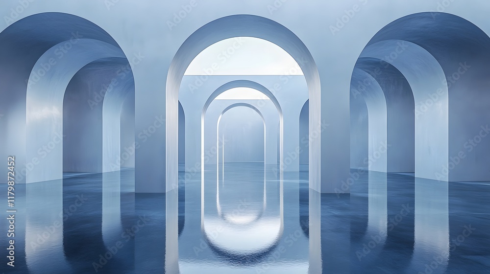 Poster a sequence of reflective arches in a pristine minimalist gallery creating a sense of infinite depth 