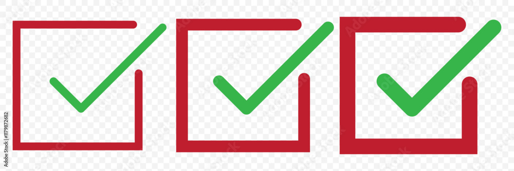 Poster check box icon with correct with different line width. approved symbol. accept checkmark icons green