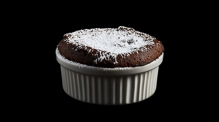 Chocolate souffle served in a ramekin with a dusting of powdered sugar
