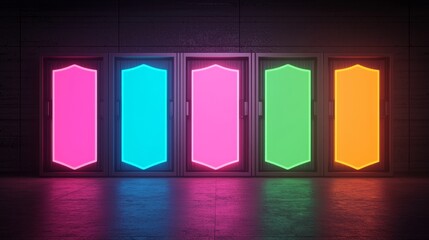A row of illuminated panels in vibrant colors, showcasing a modern, futuristic design against a dark backdrop.